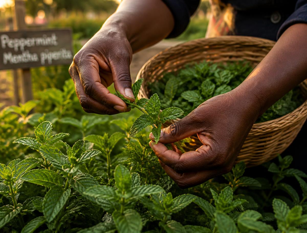 Hands harvesting fresh peppermint from a raised community garden bed at golden hour