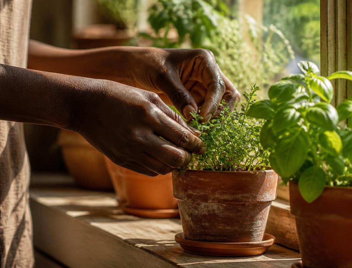 Potted herbs on a sunlit windowsill