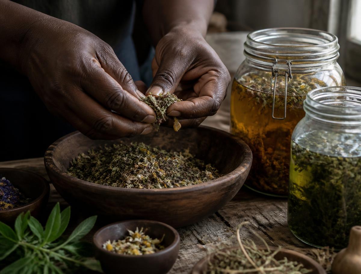 Dried herbs and a fresh herbal infusion